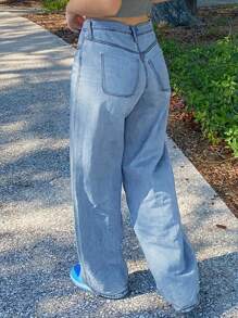 Chicsale Women's Straight Leg Denim Pants - Elegant Wide Leg Floor-Length Jeans With Button & Zipper, Relaxed Fit Casual Trousers For Everyday Outings - màu xanh 2 - Xem 6