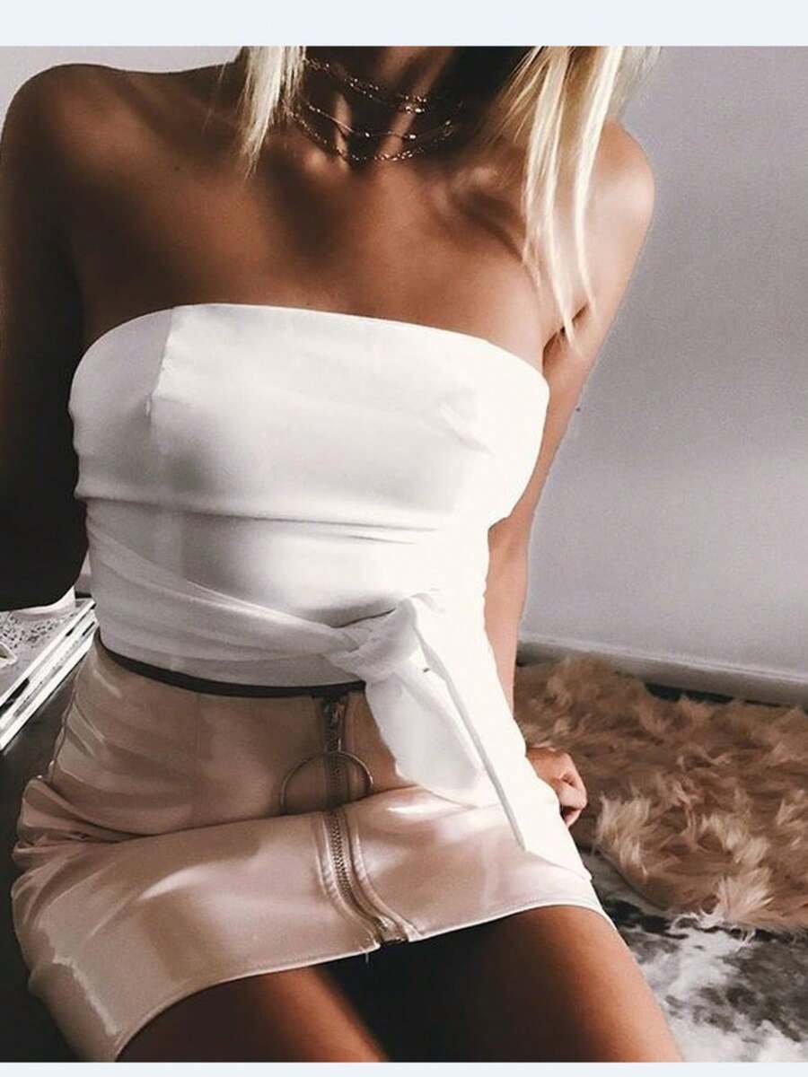 Women Pencil Skirt, Basic Stretchy Solid Color PU Slim Outfit, Round Circle Zipper Up High Waist Short Wild Fashion Hip Skirts - Hồng - Xem 1