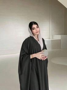 Bata abierta elegante y de moda con mangas de murciélago y cinturón, de unicolor y ligera, para mujer - Sin pañuelo, - Negro - Ver 2