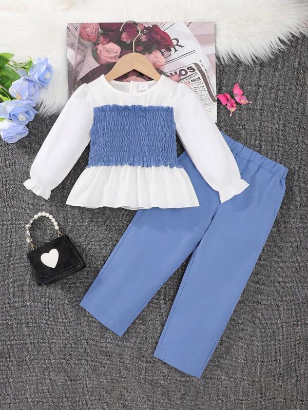 2pcs Young Girl Short Dress Set, Children Spring/Autumn T-Shirt Top & Casual Thin Long Pants Outfit