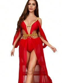 1 Set Sexy Cleopatra Tief V Mesh Maxikleid, mittelalterliches ägyptisches Königin Kostüm