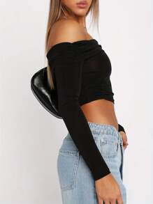 Women's Off-Shoulder Cropped Tops Solid Color Long Sleeve Ruched Show Navel T-Shirts - Black - View 2