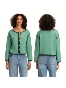 Women's Long-Length Wide-Sleeve Knitted Cardigan With Contrast Color Stitching And Button-Front Closure
