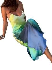 Women's Summer Cami Long Dress Gradient Color Spaghetti Strap V-Neck Backless Beach Party Dress - Blue - View 3
