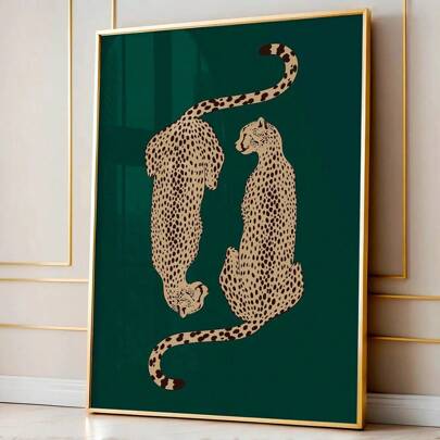 1PC Framed/Unframed Animal Cheetah Art Poster Vintage Green Leopard Dopamine Decor Funky Painting Canvas Print Maximalist Wall Picture For Dorm,Apartment,Bedroom,Living Room,Modern Home Decoration