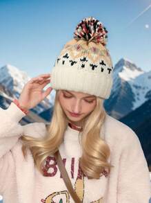 1pc Women Bohemian Rainbow Contrast Color Knit Hat, Autumn/Winter Fashion Versatile Double Layer Warm Knitted Hat With Large Pom Pom, Outdoor Ski Cycling Sport Earwarmer Cap - Multicolor - View 4