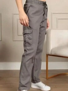 Unisex Cargo Pants Wide Leg Twill With Pockets, Loose, Cozy, - 深灰色 - 查看 2