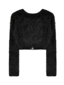 Women's Zip-Up Long Sleeve Stand Collar Short Fluffy Solid Color Fitted Cardigan, Suitable For Autumn And Winter