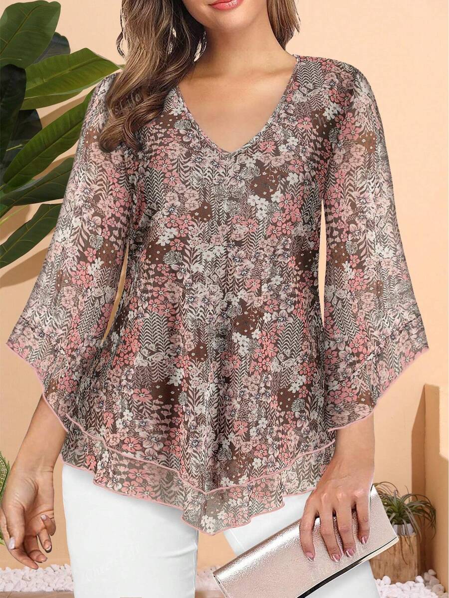 CheersLife Blusa elegante de talla grande para mujer, cuello en V, capas dobles, malla elástica, camisas de trabajo informales holgadas, blusas tipo túnica con mangas acampanadas 3/4 y volantes