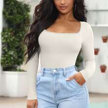 Women's Bodysuits Sexy Ribbed One Piece Square Neck Long Sleeve Bodysuits - trà, cơm - Xem 3