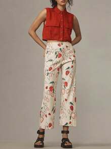 Women Wide Leg Denim Pants Casual Loose Fruit Print Crop Capri Jeans Trousers For Work Office Streetwear
