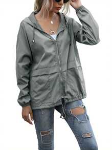 Women Water Resistant Hooded Jacket Solid Color Zipper Open Front Drawstring Coat Streetwear - Light Grey - View 2