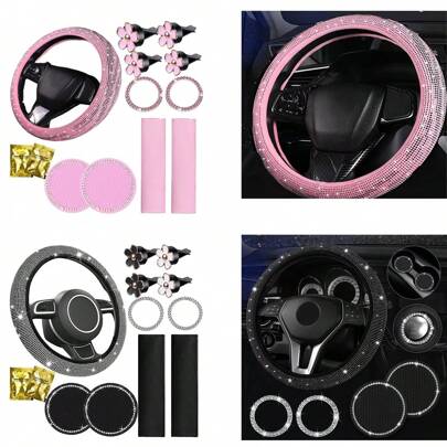 13pcs Women's Universal Diamond Steering Wheel Cover Set, Fits 38CM Diameter Steering Wheel, Protects Steering Wheel From Scratches And Cracks, Prevents Dirt, Dust And Sweat, Suitable For All Seasons And Climates