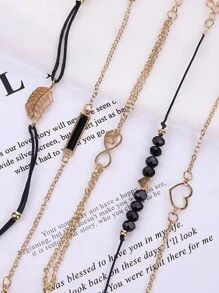 6 Stück/Set Quarz Sternenhimmel Zifferblatt Uhr mit PU Lederarmband und Seil mit schwarzen Perlen Liebe Armband, schwarze geometrische quadratische Figur, Blatt 5-teiliges Set, geeignet für den täglichen Lässig-Stil, einfach und elegant, die beste Wahl für Halloween, Weihnachten, Valentinstag, Muttertag, Urlaubsgeschenke