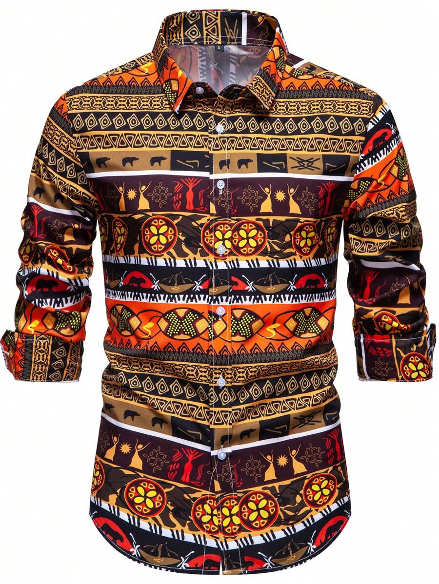 男士休闲个性化长袖印花衬衫，百搭又时尚 - 彩色 - 查看 1