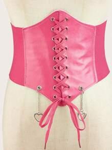 A European And American Fashion Plaid Heart PU Leather Love Pendant Accessory Lace Elastic Waist Sealing Chest Belt Can Be Worn All Season Can Be Matched Women Corset Belt For Dress,Waist Trainer Waist-Shaping For Waist Slimming And Tummy Control Halloween Costume - Hot Pink - View 3