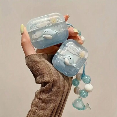 Cute Dolphin Theme TPU Protective Case, Suitable For 4, Pro/2, Wireless Earphone Cover With Charming Pendant, Light Blue Ocean Series