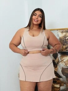 Top + Shorts Skirt Set Workout Gym Plus Size Women's Clothing - Beige - View 2