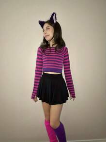 Women's Pink Purple Striped Long Sleeve Crop Top Casual Round Neck Knitted With Slight Stretch - 紫色 - 查看 2