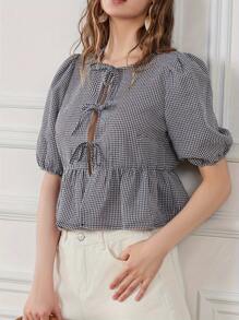 Women Plaid Print Shirt Bow Lacing Closure Short Sleeves Round Neck Loose Flowy Tops