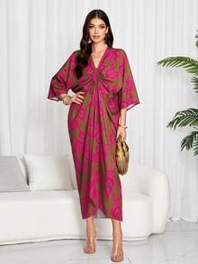 Women Geometric Print Tie Front Batwing Sleeve Oversized Shift Dress, Modest