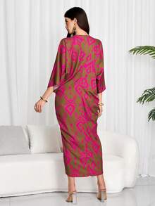 Women Geometric Print Tie Front Batwing Sleeve Oversized Shift Dress, Modest