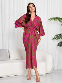 Women Geometric Print Tie Front Batwing Sleeve Oversized Shift Dress, Modest