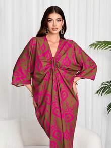 Women Geometric Print Tie Front Batwing Sleeve Oversized Shift Dress, Modest
