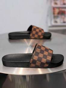 SHARK SLIPPER 男士格子图案拖鞋，简约时尚男士拖鞋，家居拖鞋，浴室拖鞋，室内拖鞋，浴室凉鞋，极其舒适，厚底，易于清洁 - 棕色 - 查看 4