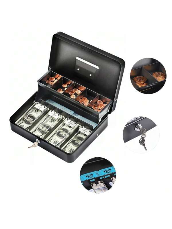 Caja para Dinero, Caja Fuerte De Seguridad Metalica Para Dinero Con Llaves,Caja Registradora con 4 Charolas para Billetes y 5 Depósitos para Monedas,Caja de Seguridad para Dinero, Caja de Efectivo Grande, Caja Registradora, Caja con Candado de Seguridad, para Guardar Dinero, Joyas, Documentos, Relojes, etc