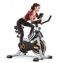Bicicleta estática, bicicletas estacionarias para gimnasio en casa, bicicleta de entrenamiento con transmisión por correa, bicicleta de ciclismo indoor con pantalla digital y cojín de asiento cómodo, color negro