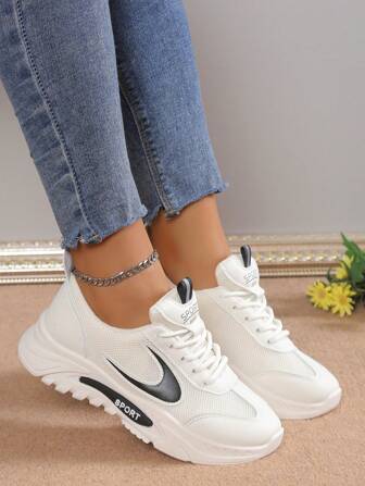 Women's Mesh Thick Sole Chunky Sneakers, Casual White Shoes Versatile Sports Running Shoes, Breathable Mesh Non-Slip Rubber Outsole, Fashion Slim Style, Recommend Ordering One Size Up