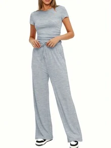 New Arrival Women Casual Outfit With Ruffle Design, Plain Color Short Sleeve Top And High Waist Wide Leg Pants, Sports Wear - Grey - View 2