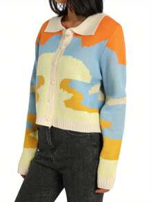 Women's Button Down Sweater Tops, Casual Long Sleeve Color Block Knitted Lapel T-Shirts - Blue - View 8