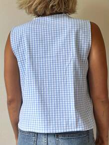 Women Tank Tops Stripe/Plaid/Dot Print Tie-Up Front V-Neck Casual Vests Summer Sleeveless Tops Streetwear - Sky Blue - View 4