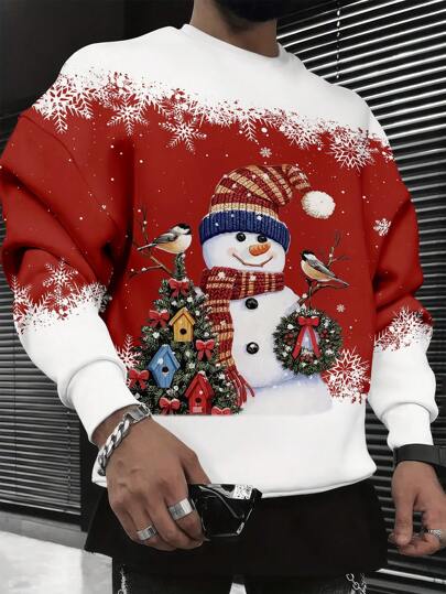 بلوزة رياضية رجالية بطبعة عيد الميلاد ذات فتحة كتف منخفضة وياقة دائرية