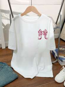 Teen Girl Loose Plus Size Casual And Simple Bowknot Printed Round Neck Short Sleeved T-Shirt Spring And Summer,Loose Oversized Size - White - View 2