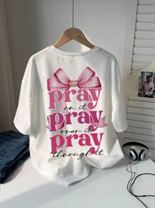 Teen Girl Loose Plus Size Casual And Simple Bowknot Printed Round Neck Short Sleeved T-Shirt Spring And Summer,Loose Oversized Size - White - View 1