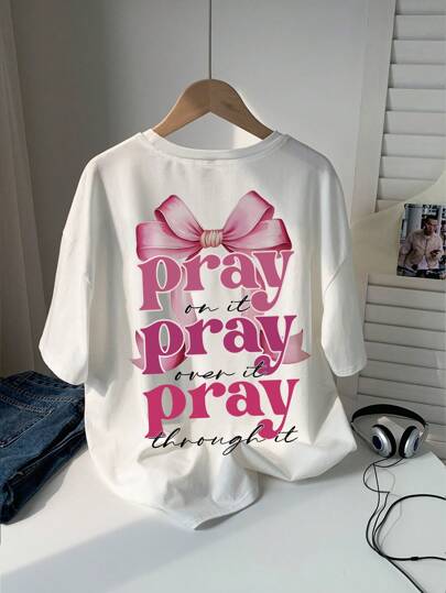 Camiseta de manga corta con cuello redondo, estampado de moño, talla grande suelta y casual para adolescentes y primavera y verano, talla suelta y oversize