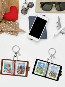 Mini Photo Album With Keychain, 2 Inch Leather Photo Memory Keychain, Photo Album, Scrapbook With 20 Pockets Keychain, Album, Card Slot - Coffee Brown - View 4