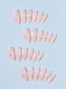 24pcs Y2K Style Long Almond Stars With Rhinestones Design Tip Press On Nails Perfect Fit Acrylic Fake Nails Set , Contain 1pc Jelly Glue And 1pc Nail File, Almond Nails For For Woman & Girl Daily Wear Rave Party Use
