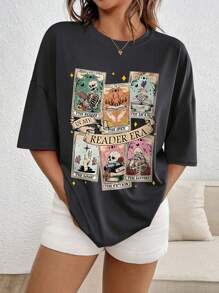 Women's Casual T-Shirt With Skull And Playing Cards Print - Dark Grey - View 4