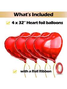 4 件 32 英寸大红心铝箔气球，巨型心形聚酯薄膜铝装饰，适合情人节惊喜生日婚礼返校情人节