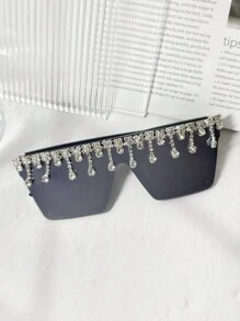 1 buc. Ochelari de vedere pentru femei, cu cap plat și franjuri, împodobiți cu strasuri, potriviți pentru bal, jocuri de costume, decor cu strasuri, ramă roz, petrecere de festival de lux Y2K, ținută de plajă, petrecere tematică zilnică (vine cu lavetă de curățare) Ochelari de vedere pentru femei, nuanțe de ochelari de vedere pentru doamne, ținute de toamnă și iarnă, accesorii de plajă, accesorii vintage Y2K Basics, cadouri de Ziua Îndrăgostiților, ținută de Ziua Îndrăgostiților pentru fete, cadouri business casual pentru vacanță de vară la plajă, în aer liber, călătorii - Decor cu strass cu lanț de diamante - Vizualizare 4