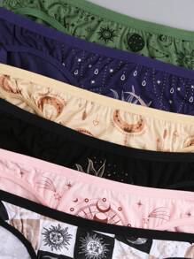 6 piezas Bragas de talla grande para mujer de talle bajo con estampado de sol, luna y estrellas, sexy y de moda, con estiramiento y elevación, suaves y cómodas, aptas para uso diario