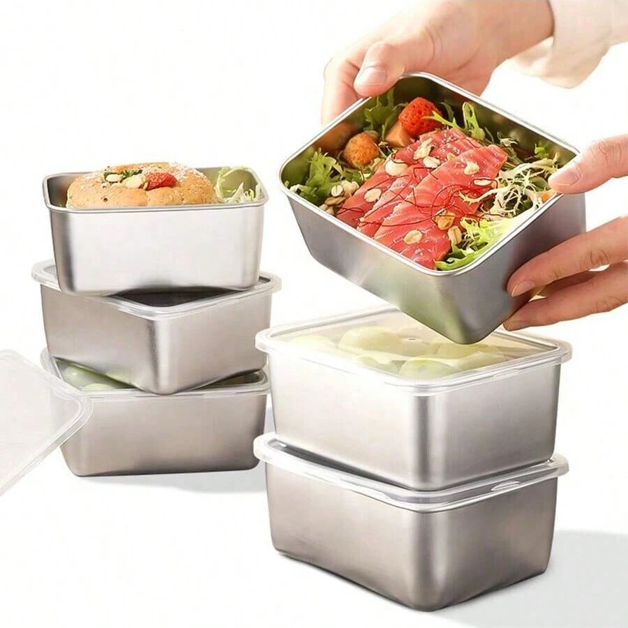 5pcs Stainless Steel Food Storage Containers - Leakproof, Freezer Friendly, Square Bento Boxes For School, Office, Picnic, Kitchen And Dining - Multifunctional Metal Lunch Box With Flip Lids - Silver - View 1