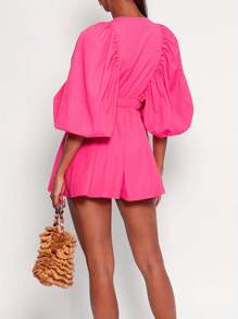 Women Deep V-Neck Rompers Solid Color/Plaid Bubble Sleeve Summer Short Jumpsuits Playsuits Streetwear - Hot Pink - View 8