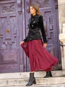 Blazer en velours pour femme avec design taillé à la taille, orné de boutons métalliques et de fausses poches. Blazer croisé avec col châle. Présentant un col châle classique, classique et élégant, parfait pour les occasions formelles et les environnements professionnels