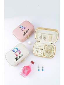 1 pièce nouvelle boîte de rangement d'accessoires, mini boîte à bijoux portable, pochette organisatrice pour bagues et boucles d'oreilles, design de texte personnalisable, ambiance bohème