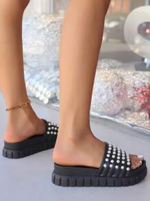 女士水钻露趾平底凉鞋闪亮一脚蹬拖鞋系带闪光休闲优雅平底凉鞋夏季 - 黑色 - 查看 5